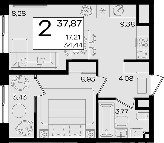 2-комн. квартира, 34.44 м² в ЖК Патрики — фото 3