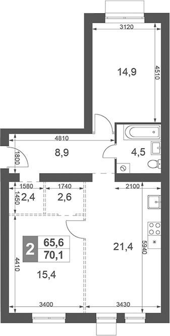 2-комн., 70.1 м², 4/4 этаж, ЖК «Дубровицы Клаб»