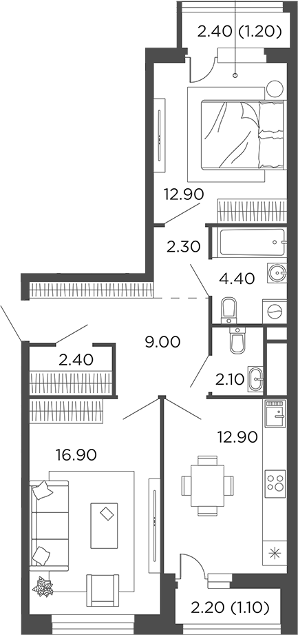 2-комн., 62.9 м², 6/12 этаж, ЖК «Филатов Луг»