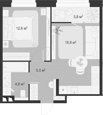 2-комн., 39.3 м², 13/18 этаж, ЖК «Гранд Комфорт»