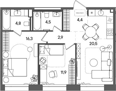 3-комн., 65.3 м², 2/16 этаж, ЖК «СТОУН Райз»