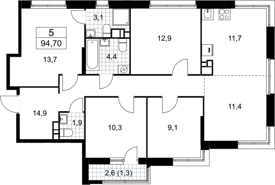 4+ комнаты, 93.4 м², 10/10 этаж, ЖК «Родные кварталы»