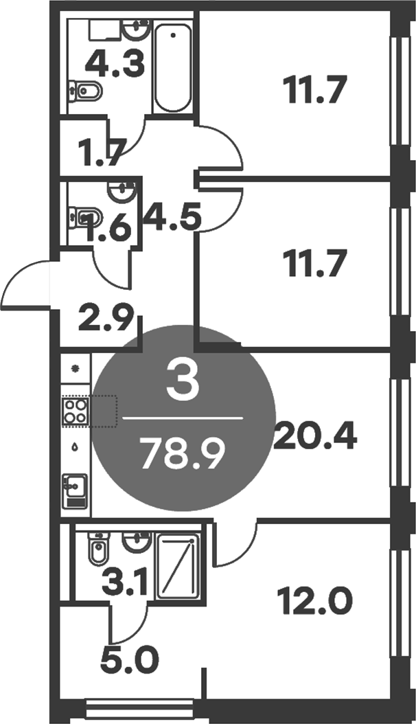 3-комн., 78.9 м², 5/6 этаж, ЖК «Равновесие»