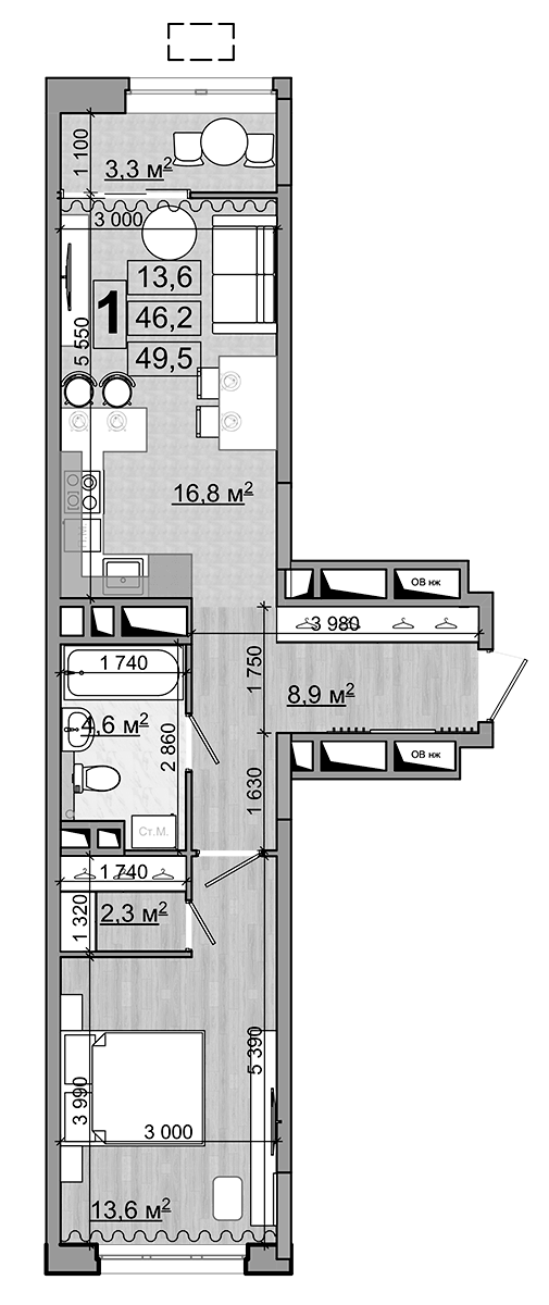 2-комн., 46.2 м², 16/18 этаж, ЖК «Гранд Комфорт»