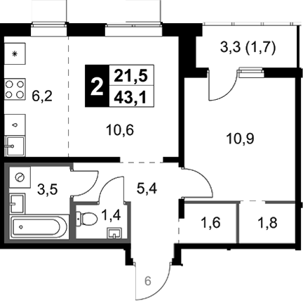 2-комн., 42.5 м², 18/18 этаж, ЖК «1-й Ясеневский»