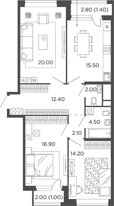 3-комн., 87.6 м², 6/22 этаж, ЖК «Филатов Луг»