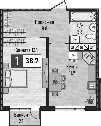 1-комн., 36.6 м², 7/8 этаж, ЖК «Живописный»