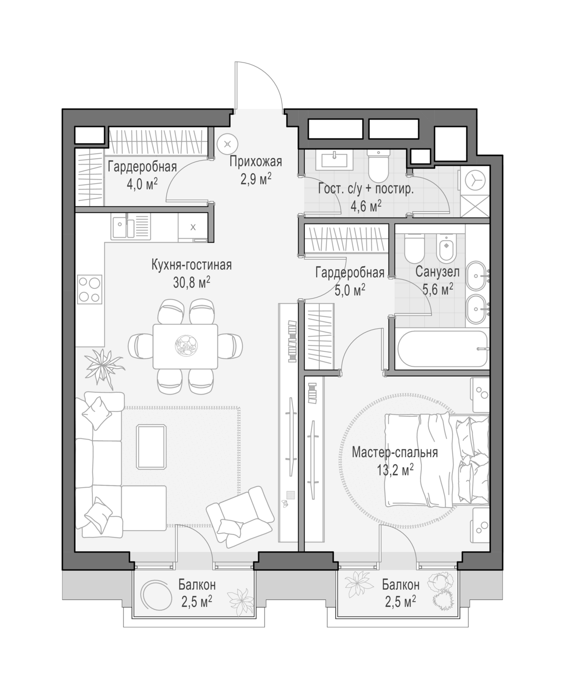 2-комн., 66.6 м², 3/6 этаж, ЖК «Квартал Тишинский бульвар»