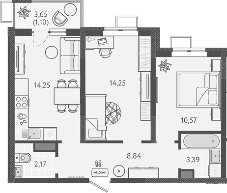 2-комн., 53.47 м², 6/9 этаж, ЖК «Теплые края»
