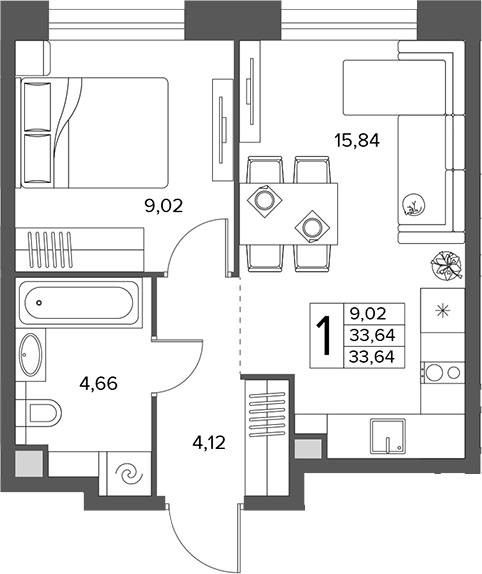 1-комн., 33.64 м², 2/16 этаж, ЖК «Городской бор»