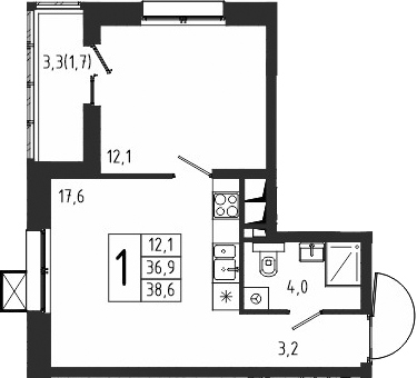 1-комн., 36.9 м², 5/10 этаж, ЖК «Берег»