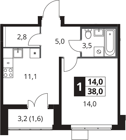 1-комн., 36.4 м², 14/25 этаж, ЖК «1-й Южный»