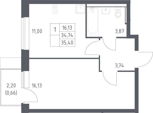 1-комн., 34.74 м², 12/12 этаж, ЖК «Пригород Лесное»