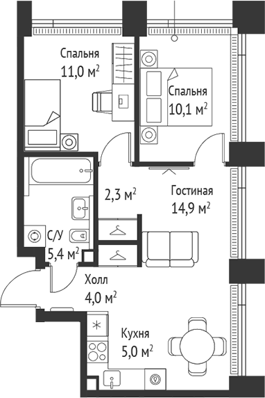 3-комн., 52.7 м², 50/52 этаж, ЖК «СЕТ»