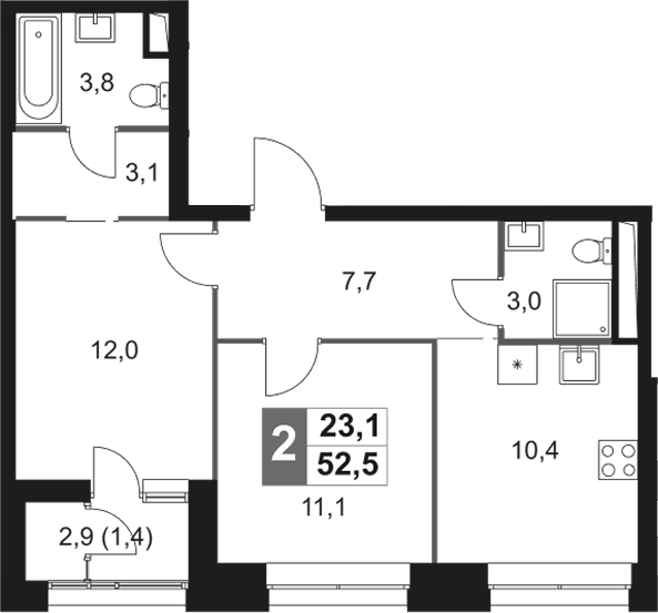 2-комн., 51.1 м², 39/44 этаж, ЖК «Скай Гарден»