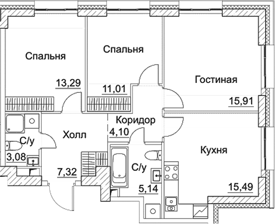 3-комн., 75.34 м², 7/35 этаж, ЖК «СЕЗАР СИТИ»
