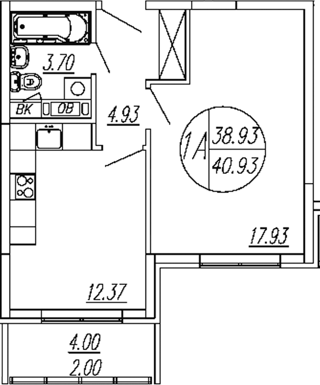 1-комн., 38.93 м², 2/4 этаж, ЖК «Шолохово»