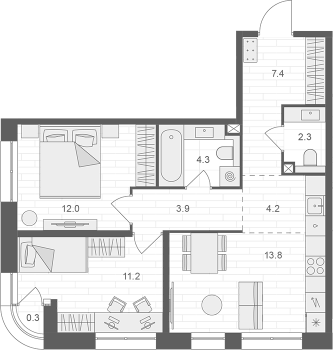 3-комн., 59.1 м², 3/12 этаж, ЖК «АРТЕЛЬ»