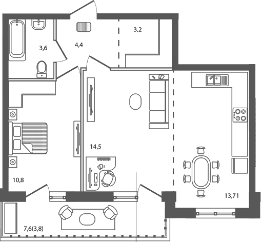 2-комн., 50.2 м², 4/9 этаж, ЖК «Сиреневый бульвар»