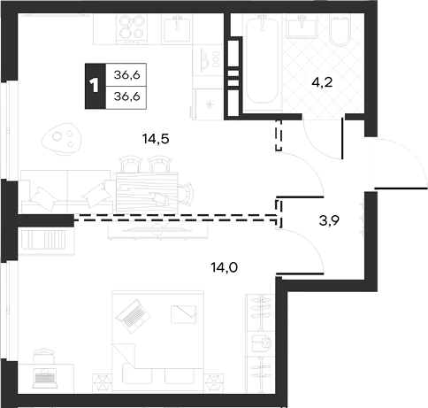 1-комн., 36.63 м², 9/17 этаж, ЖК «Луиджи»