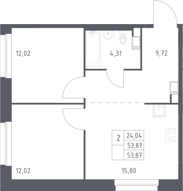 2-комн., 53.87 м², 4/12 этаж, ЖК «ЭкоБунино»