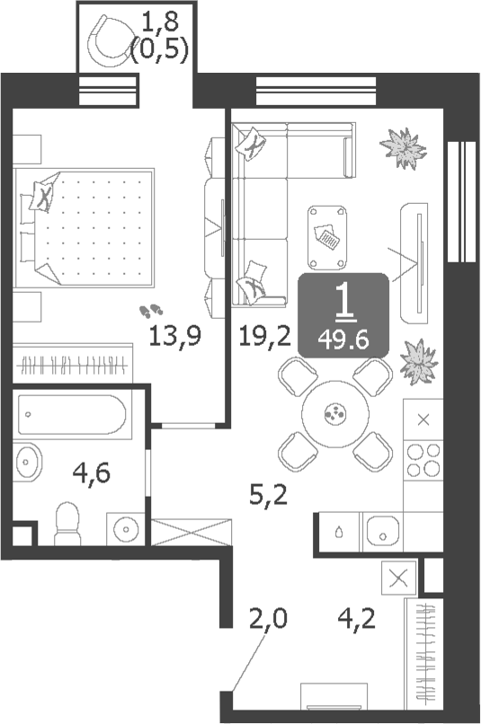 2-комн., 49.1 м², 18/19 этаж, ЖК «Шагал»