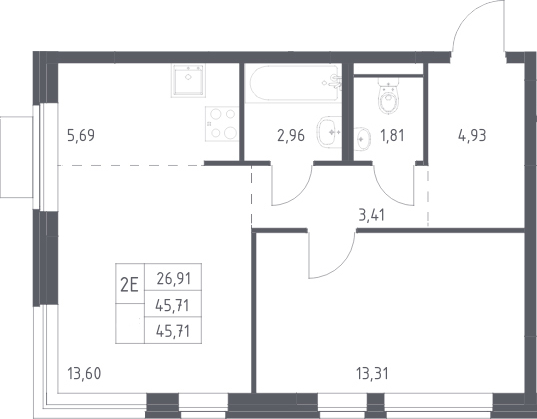 2-комн., 45.71 м², 9/12 этаж, ЖК «Новое Видное»