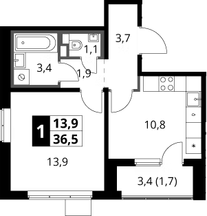 1-комн., 34.8 м², 7/8 этаж, ЖК «1-й Химкинский»