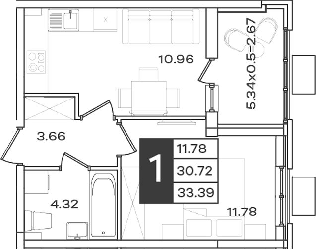 1-комн., 30.72 м², 2/18 этаж, ЖК «Сюжеты»