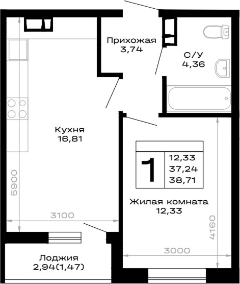 1-комн., 37.24 м², 4/14 этаж, ЖК «Горные высоты»