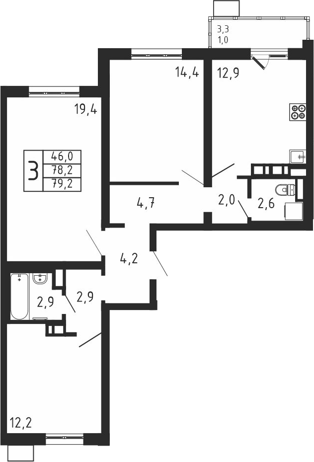 3-комн., 78.2 м², 2/9 этаж, ЖК «Пироговская ривьера. Мытищи»