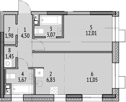 2-комн., 44.56 м², 4/21 этаж, ЖК «N'ICE LOFT»