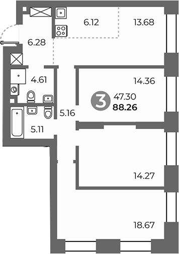3-комн., 88.26 м², 13/24 этаж, ЖК «Павелецкая от Гранель»