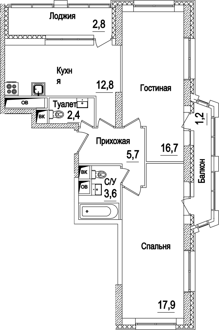 2-комн., 59.7 м², 20/20 этаж, ЖК «Рассказово»