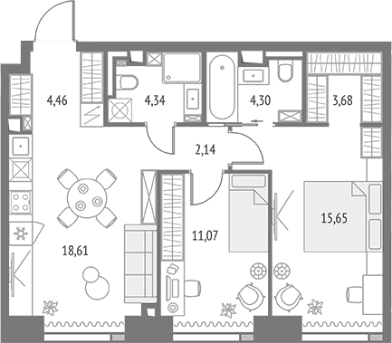 3-комн., 64.25 м², 5/47 этаж, ЖК «Апсайд Тауэрс»