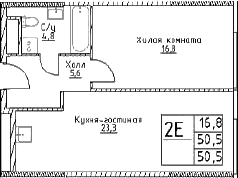 2-комн., 50.5 м², 25/29 этаж, ЖК «Наметкин Тауэр»