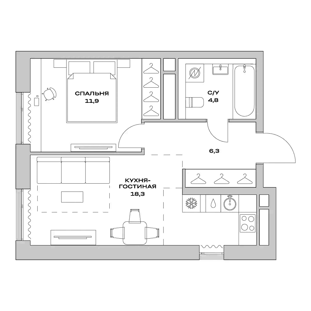 2-комн., 41.3 м², 20/22 этаж, ЖК «Детали»