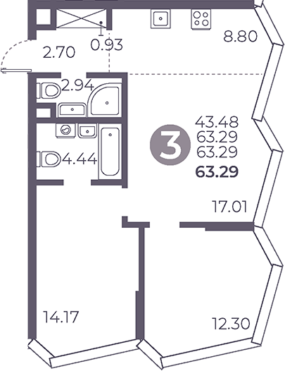 3-комн., 63.29 м², 32/39 этаж, ЖК «Мневники от Гранель»
