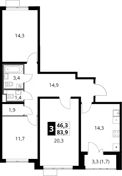 3-комн., 82.2 м², 17/22 этаж, ЖК «Южная Битца»