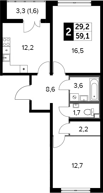 2-комн., 58.5 м², 20/24 этаж, ЖК «Южная Битца»