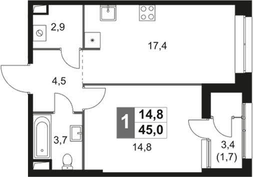 2-комн., 43.3 м², 9/26 этаж, ЖК «Скай Гарден»