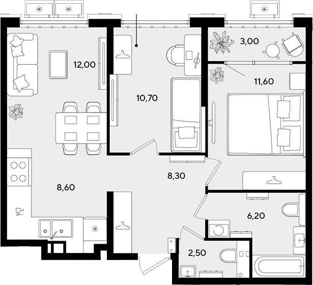 3-комн., 59.9 м², 2/9 этаж, ЖК «Порто-Ново»