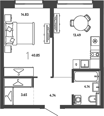 1-комн., 40.85 м², 15/24 этаж, ЖК «Страна.Парковая»