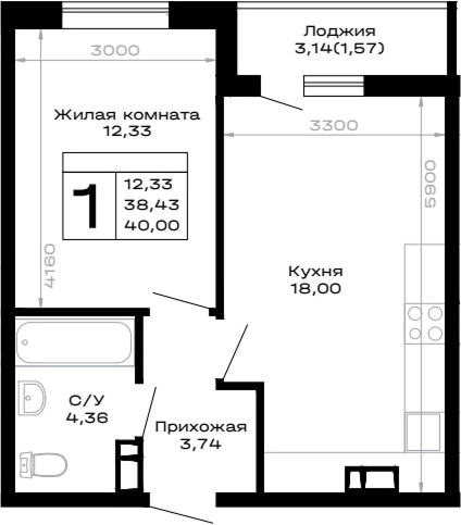 1-комн., 38.43 м², 11/14 этаж, ЖК «Горные высоты»