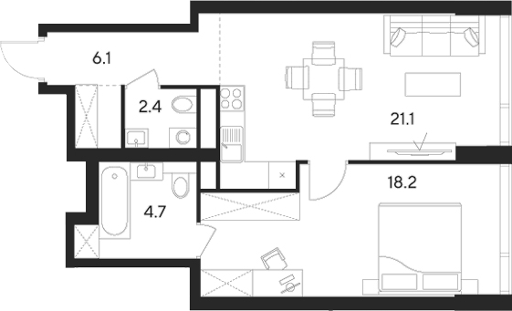 2-комн., 52.5 м², 4/43 этаж, ЖК «Инди Тауэрз от Аквилон»