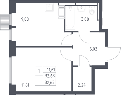 1-комн., 32.63 м², 16/17 этаж, ЖК «Большое Путилково»