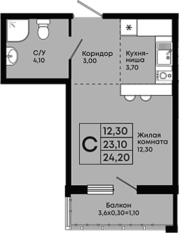 Студия, 23.1 м², 2/9 этаж, ЖК «Премьер»