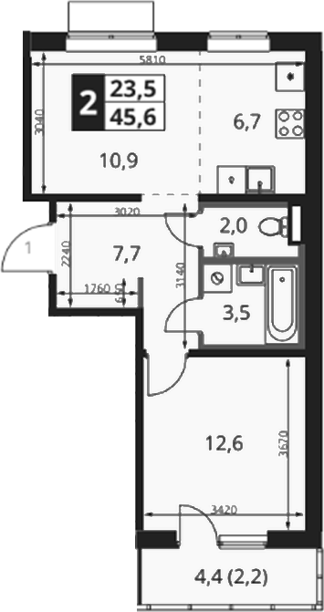 2-комн., 44.3 м², 7/8 этаж, ЖК «1-й Ясеневский»