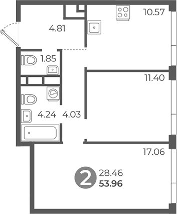 2-комн., 53.96 м², 17/20 этаж, ЖК «Нижегородская от Гранель»