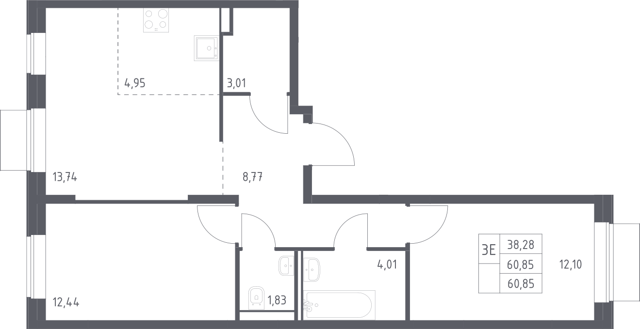 3-комн., 60.85 м², 10/19 этаж, ЖК «Квартал Домашний»